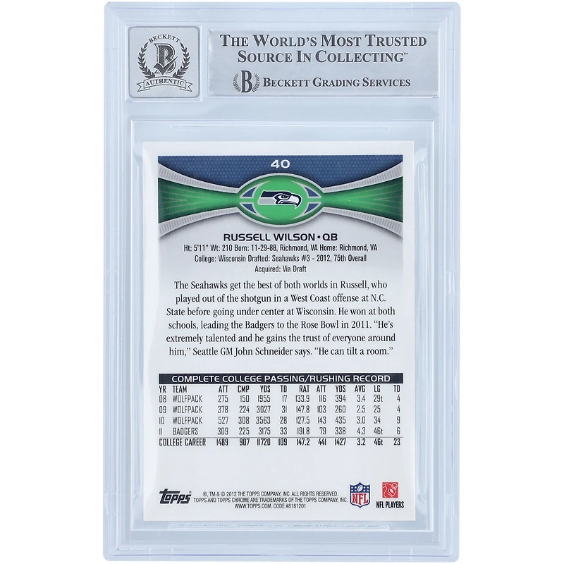 Russell Wilson Seattle Seahawks Carte Rookie 2012 Topps Chrome #40 Beckett autographiée par des fanatiques témoins