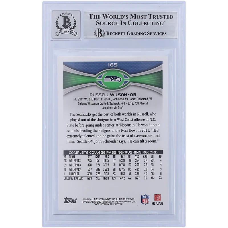 Russell Wilson Seattle Seahawks Autographié 2012 Topps #165 Beckett Fanatics Witnessed Authentifié 9/10 Rookie Card