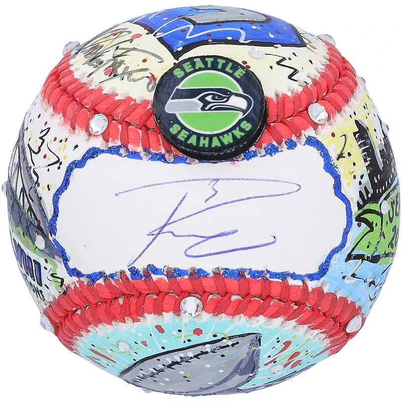 Baseball autographié par Russell Wilson des Seattle Seahawks - Illustration de Charles Fazzino - B679435