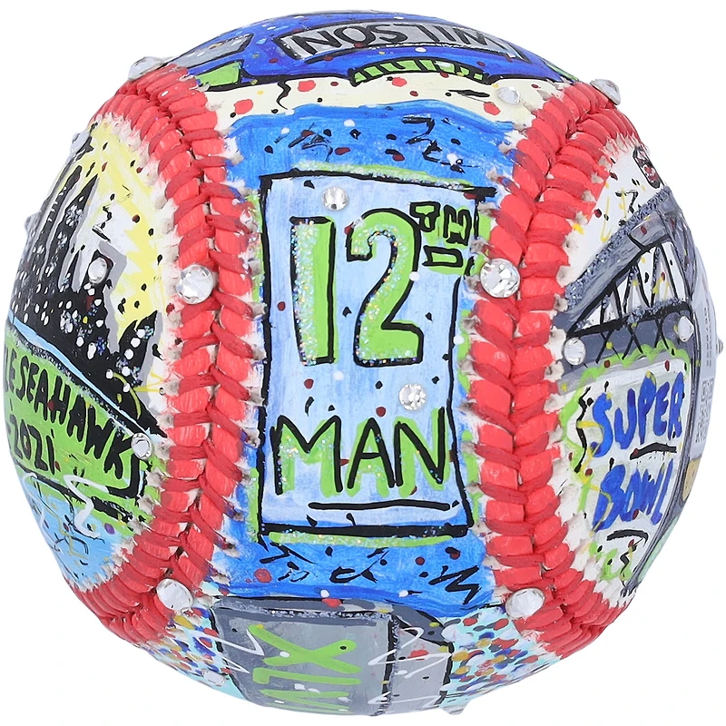 Baseball autographié par Russell Wilson des Seattle Seahawks - Illustration de Charles Fazzino - B679435