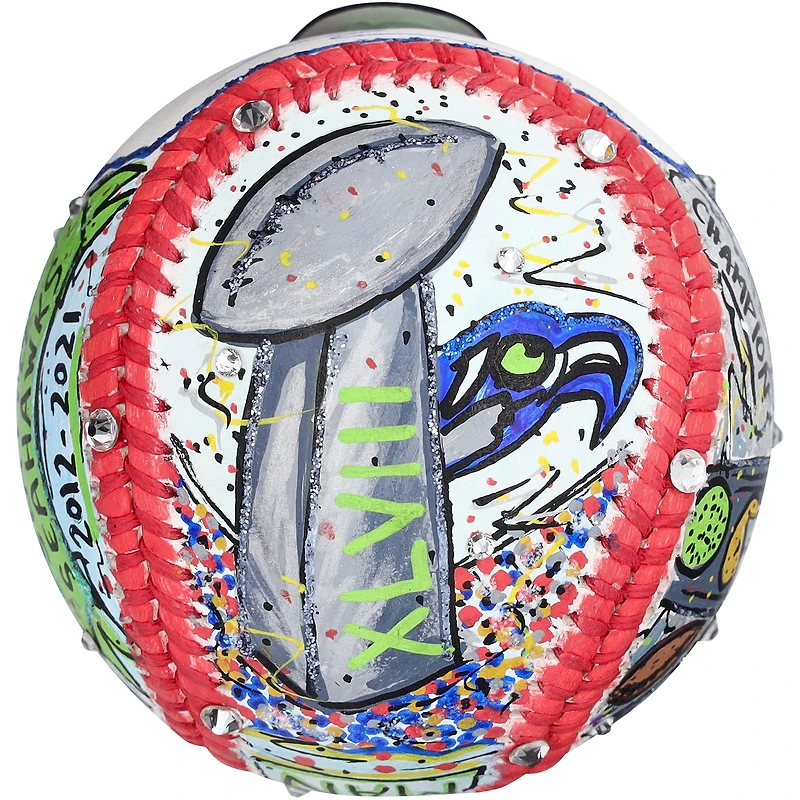 Baseball autographié par Russell Wilson des Seattle Seahawks - Peint à la main par l'artiste Charles Fazzino
