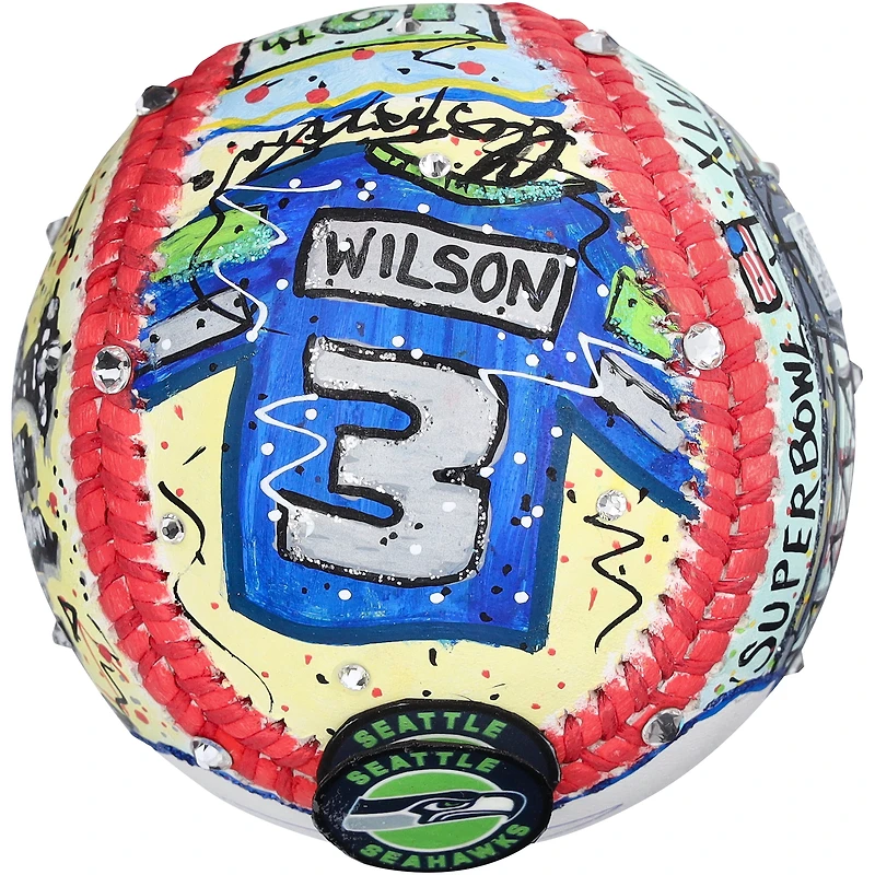 Baseball autographié par Russell Wilson des Seattle Seahawks - Peint à la main par l'artiste Charles Fazzino