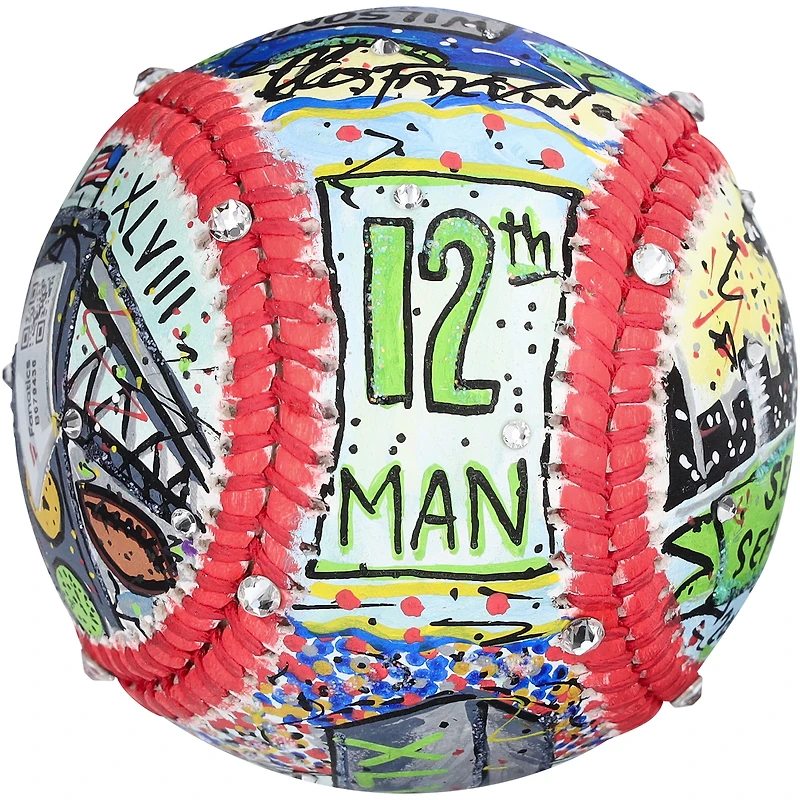 Baseball autographié par Russell Wilson des Seattle Seahawks - Peint à la main par l'artiste Charles Fazzino
