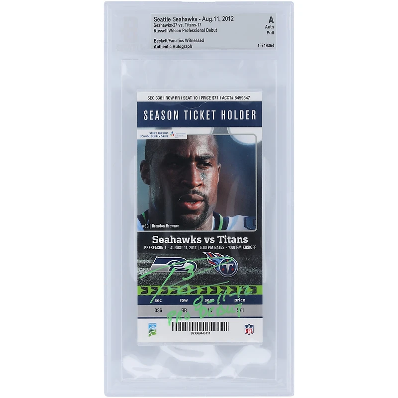 Billet autographié par Russell Wilson des Seattle Seahawks avec les inscriptions «11» et « Pro Debut » - Signé à l'encre verte - Authentifié par le BAS