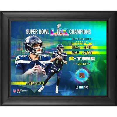 Sam Darnold, Seattle Seahawks, champions du Super Bowl LX : collage encadré 13" x 16" avec un morceau de ballon utilisé lors d'un match - Édition limitée à 500 exemplaires