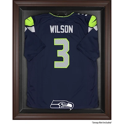 Vitrine de présentation du maillot avec logo encadré marron des Seattle Seahawks