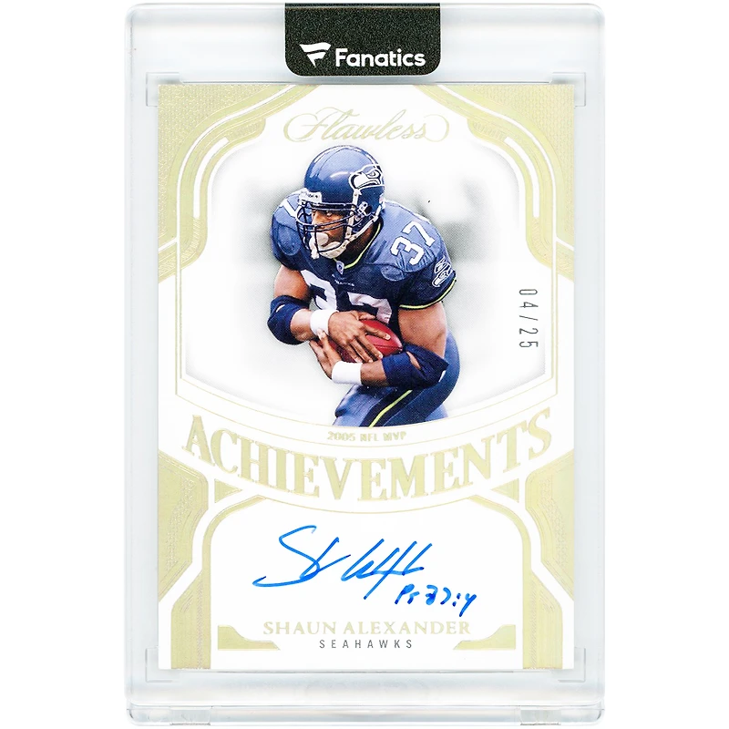 Carte autographiée de Shaun Alexander (Seattle Seahawks) 2025 Panini Flawless Holo Gold Achievements #FA-SAR #4/25 avec inscription « PS 37:4 »