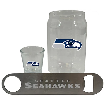 Ensemble de trois verres à bière Seattle Seahawks de The Memory Company, verre à liqueur de 2 oz et décapsuleur