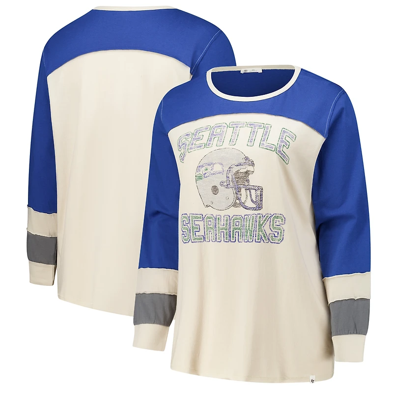 T-shirt à manches longues Double Header Curve Toni pour femme, couleur crème/bleu royal, grande taille, Seattle Seahawks