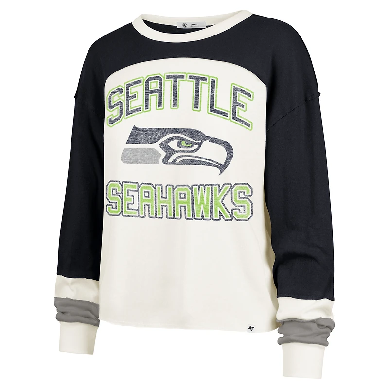 Haut court à manches longues raglan Double Header Curve '47 Cream pour femme des Seattle Seahawks