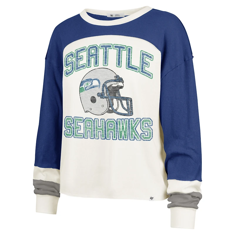 Haut court à manches longues raglan Double Header Curve '47 Cream pour femme des Seattle Seahawks