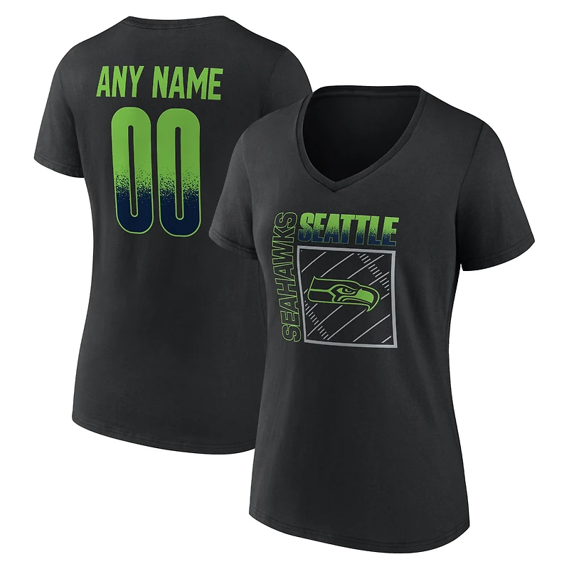 T-shirt noir à col en V pour femme Seattle Seahawks Home Field Pop personnalisé avec nom et numéro