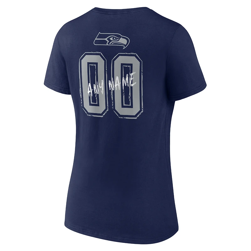 T-shirt à col en V personnalisé avec nom et numéro des Seattle Seahawks, style universitaire féminin, bleu marine
