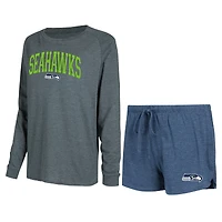 Ensemble de salon Concepts Sport pour femmes, t-shirt et short à manches longues raglan, bleu marine/charbon, Seattle Seahawks