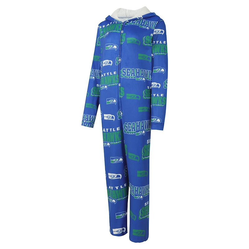 Women's Concepts Sport Royal Seattle Seahawks Throwback Roadway Allover Print Microfleece Full-Zip Union Suit