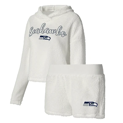 Women's Concepts Sport  White Seattle Seahawks Fluffy Pullover Sweatshirt & Shorts Sleep Set