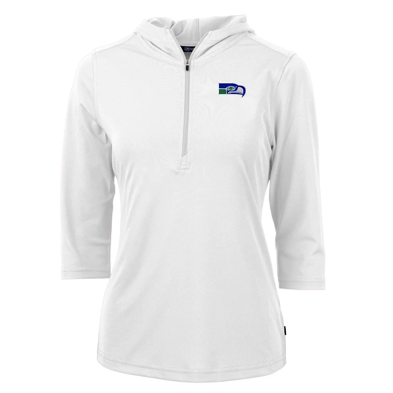 Women's Cutter & Buck White Seattle Seahawks Throwback Logo Virtue Eco Pique 3/4 Sleeve Half-Zip Pullover Hoodie