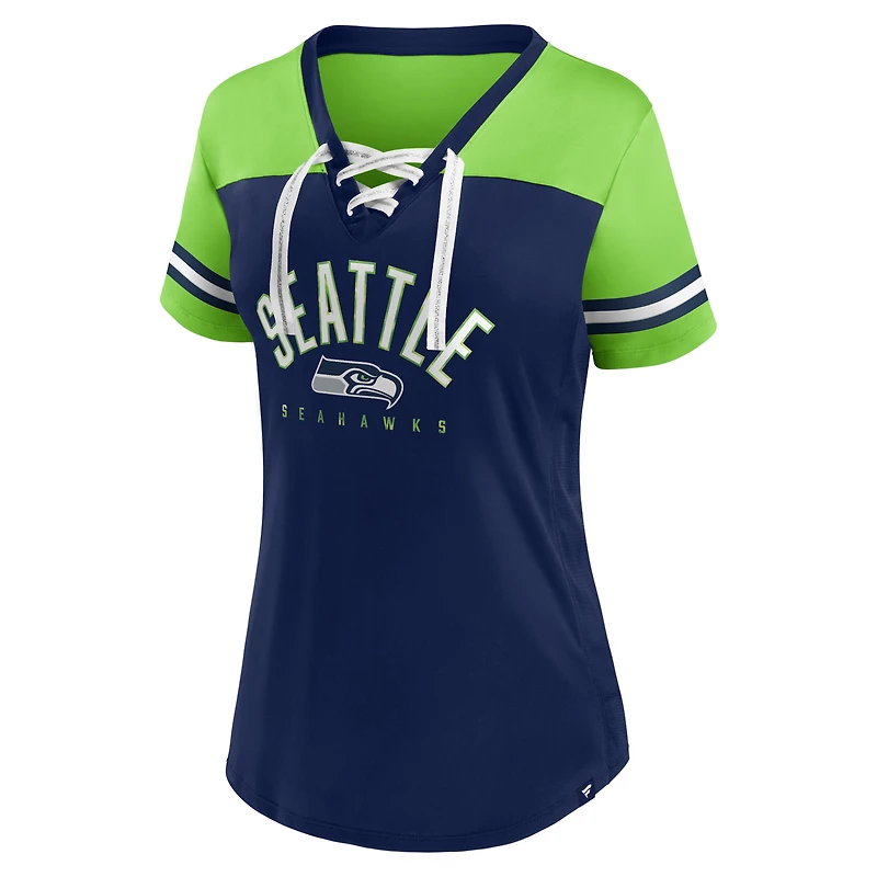 Women's Fanatics College Navy/Neon Green Seattle Seahawks Blitz & Glam Lace-Up V-Neck Jersey T-Shirt