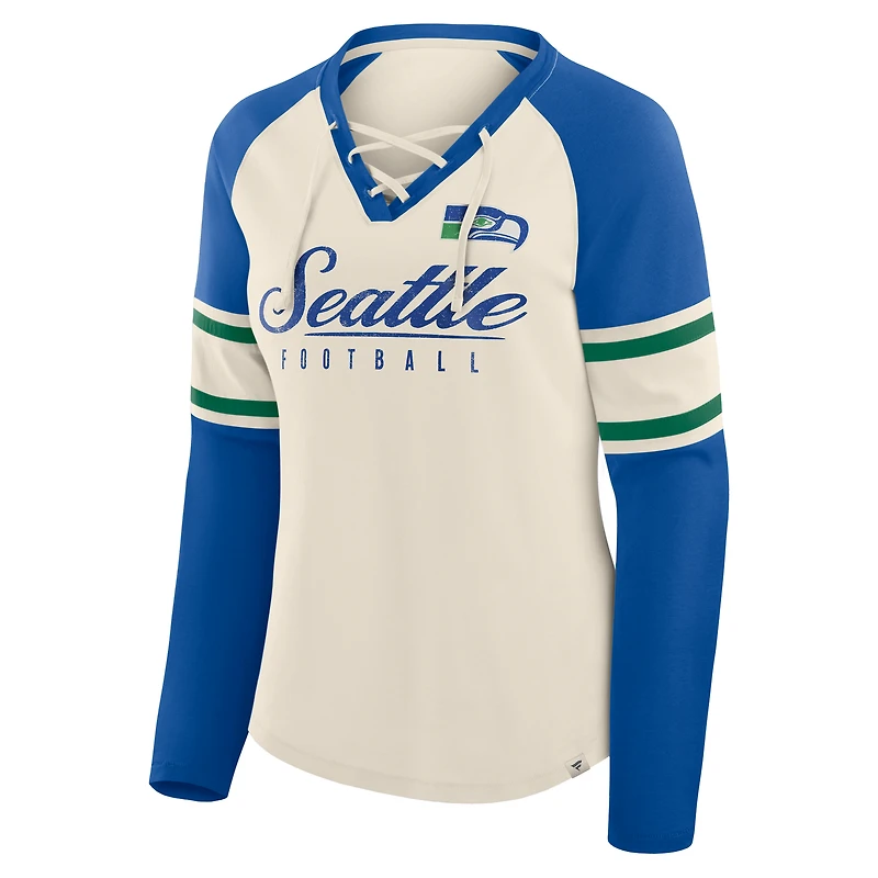 Women's Fanatics Cream/Royal Seattle Seahawks Gridiron Hero Raglan Lace-Up V-Neck Long Sleeve T-Shirt
