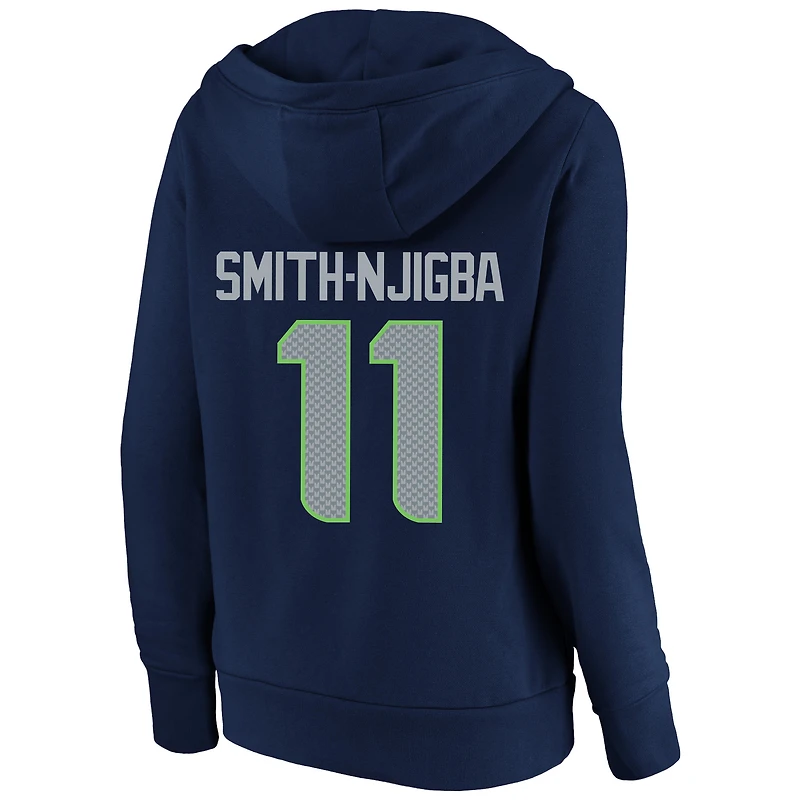 Sweat à capuche col en V Fanatics pour femmes, modèle Jaxon Smith-Njigba, bleu marine, Seattle Seahawks, grande taille, avec nom et numéro du joueur