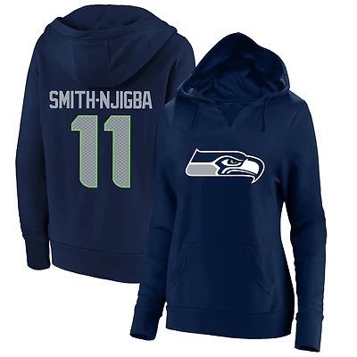 Sweat à capuche col en V Fanatics pour femmes, modèle Jaxon Smith-Njigba, bleu marine, Seattle Seahawks, grande taille, avec nom et numéro du joueur