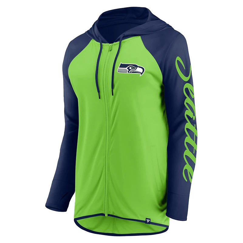 Women's Fanatics Neon Green/College Navy Seattle Seahawks Script Full-Zip Hoodie