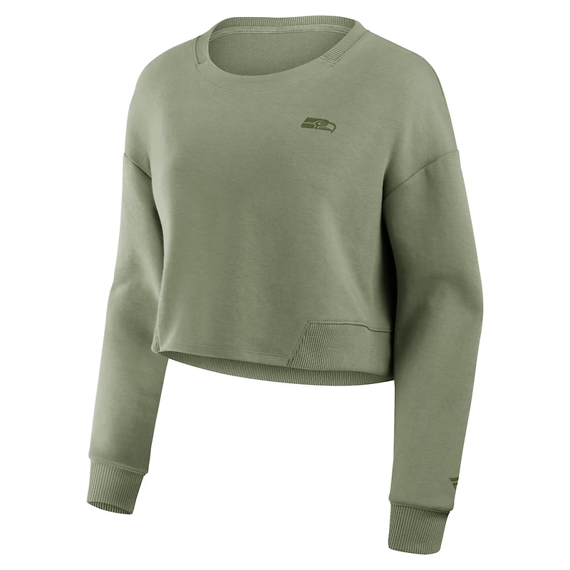 Women's Fanatics Olive Seattle Seahawks Studio Tri-Blend Cropped Pullover Sweatshirt