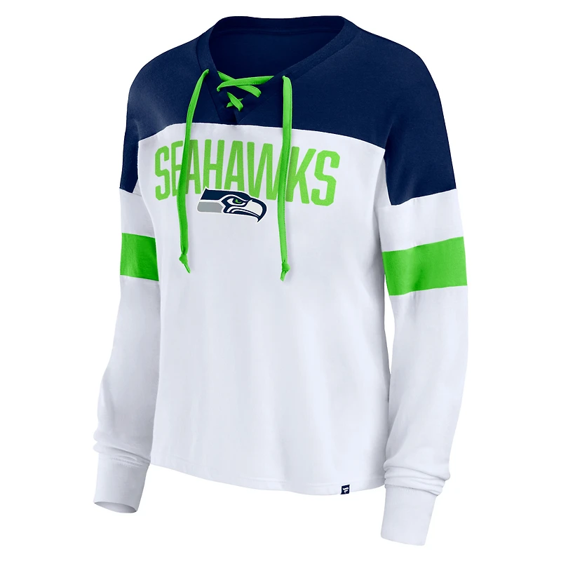 T-shirt à manches longues et col en V Fanatics pour femmes, blanc/bleu marine universitaire, Seattle Seahawks Even Match