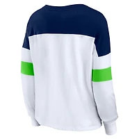 T-shirt à manches longues et col en V Fanatics pour femmes, blanc/bleu marine universitaire, Seattle Seahawks Even Match