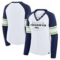 Women's Fanatics White/College Navy Seattle Seahawks Redzone Blitz Package Raglan Lace-Up V-Neck Long Sleeve T-Shirt