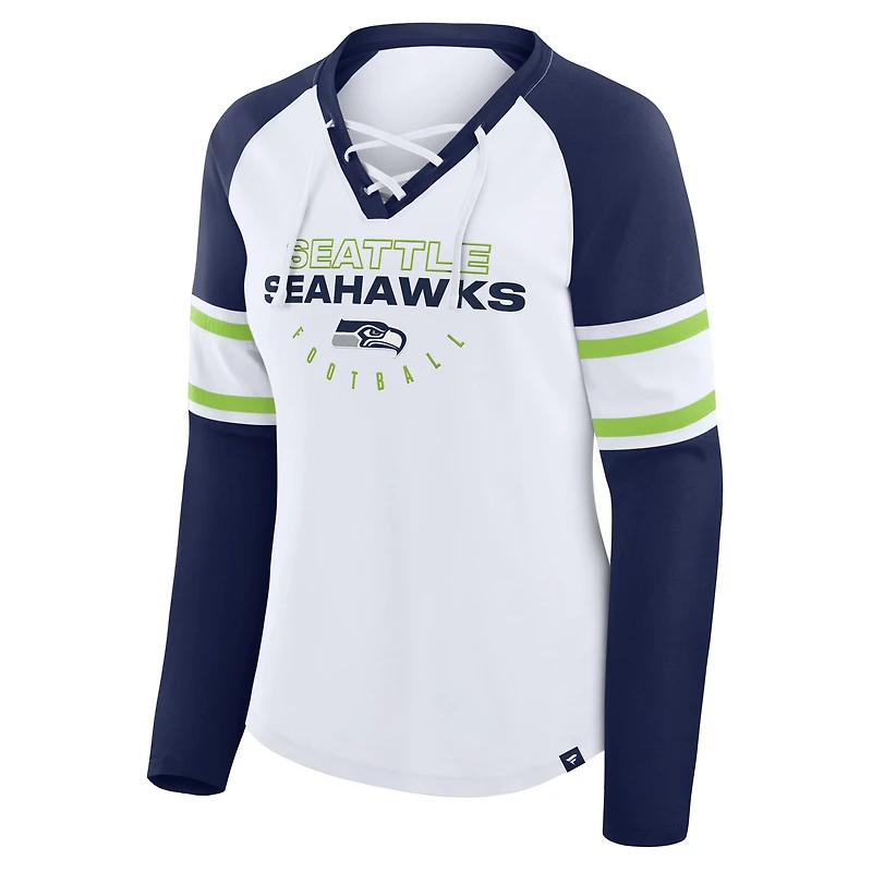 T-shirt à manches longues et col en V lacets raglan pour femme, blanc/bleu marine universitaire, Seattle Seahawks Redzone Blitz Package