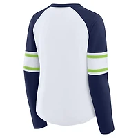 T-shirt à manches longues et col en V lacets raglan pour femme, blanc/bleu marine universitaire, Seattle Seahawks Redzone Blitz Package