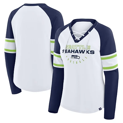 Women's Fanatics White/College Navy Seattle Seahawks Redzone Blitz Package Raglan Lace-Up V-Neck Long Sleeve T-Shirt