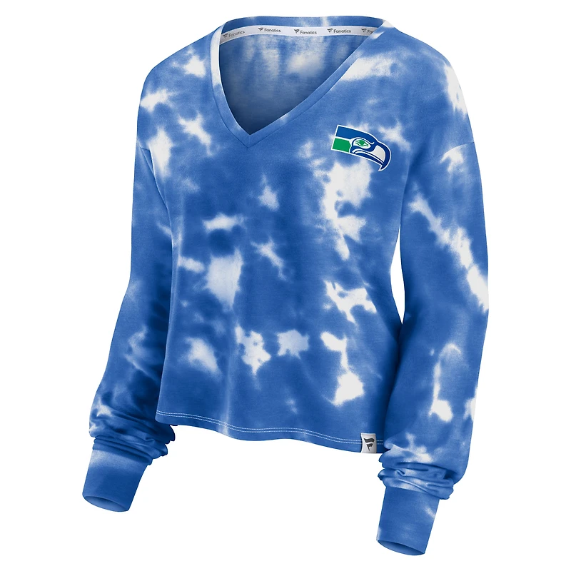 T-shirt à manches longues et col en V Fanatics pour femmes blanc/royal Seattle Seahawks Sport Resort Tie-Dye