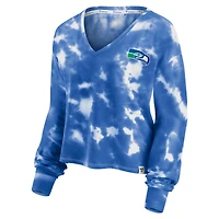 T-shirt à manches longues et col en V Fanatics pour femmes blanc/royal Seattle Seahawks Sport Resort Tie-Dye