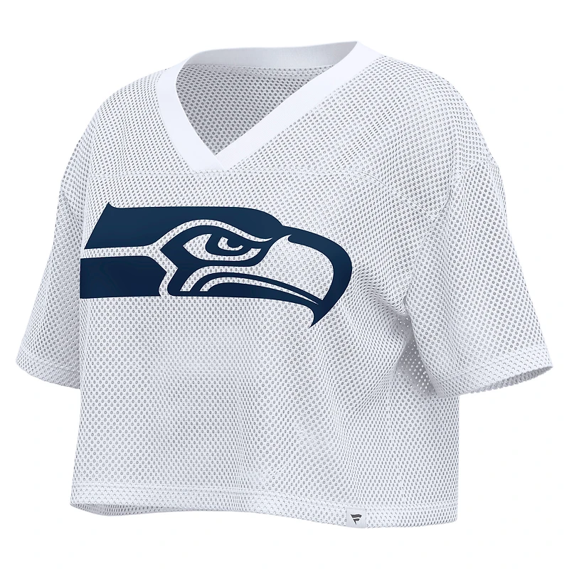 Women's Fanatics White Seattle Seahawks Oversized Mesh Cropped V-Neck Jersey