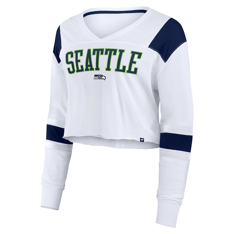 T-shirt à manches longues extensible et court pour femme Fanatics des Seattle Seahawks blanc