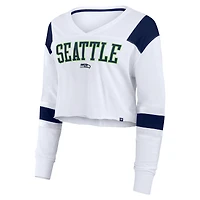 Women's Fanatics White Seattle Seahawks Stretch Cropped Long Sleeve V-Neck T-Shirt