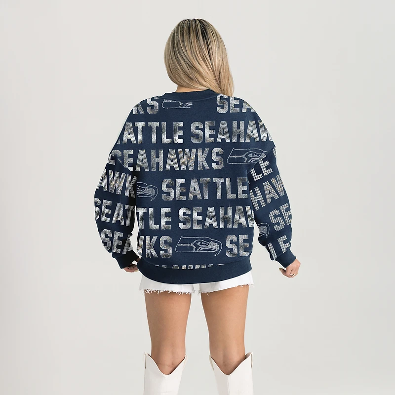 Sweat-shirt décontracté à épaules tombantes et texte strass Hype Era pour femme, bleu marine universitaire, des Seattle Seahawks