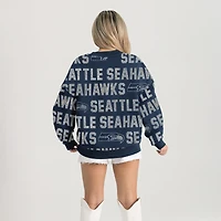 Sweat-shirt décontracté à épaules tombantes et texte strass Hype Era pour femme, bleu marine universitaire, des Seattle Seahawks