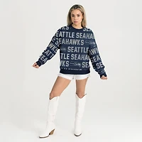 Sweat-shirt décontracté à épaules tombantes et texte strass Hype Era pour femme, bleu marine universitaire, des Seattle Seahawks