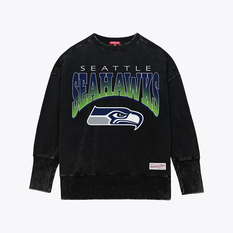 Sweat-shirt ras du cou noir délavé minéral pour femme Mitchell & Ness des Seattle Seahawks