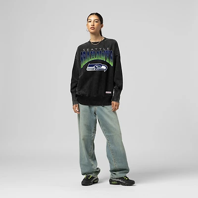 Women's Mitchell & Ness  Black Seattle Seahawks Delineate Mineral Wash Crewneck Sweatshirt