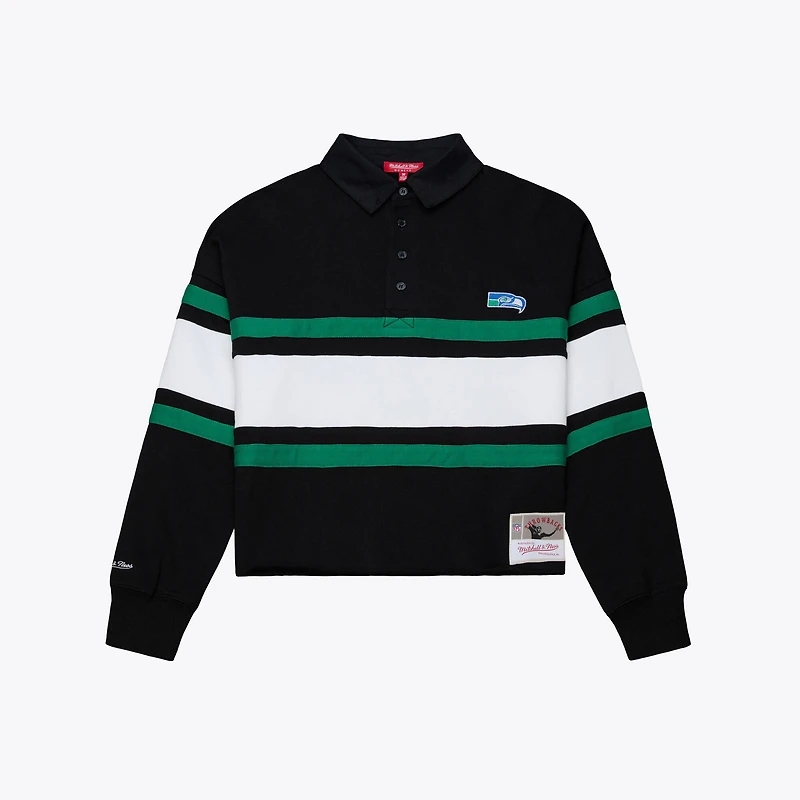 Polo de rugby court à manches longues Mitchell & Ness noir Seattle Seahawks pour femme