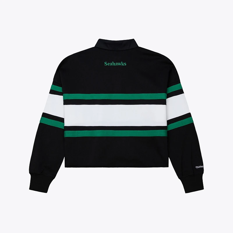 Women's Mitchell & Ness  Black Seattle Seahawks Throwback Cropped Long Sleeve Rugby Polo