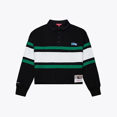 Women's Mitchell & Ness  Black Seattle Seahawks Throwback Cropped Long Sleeve Rugby Polo