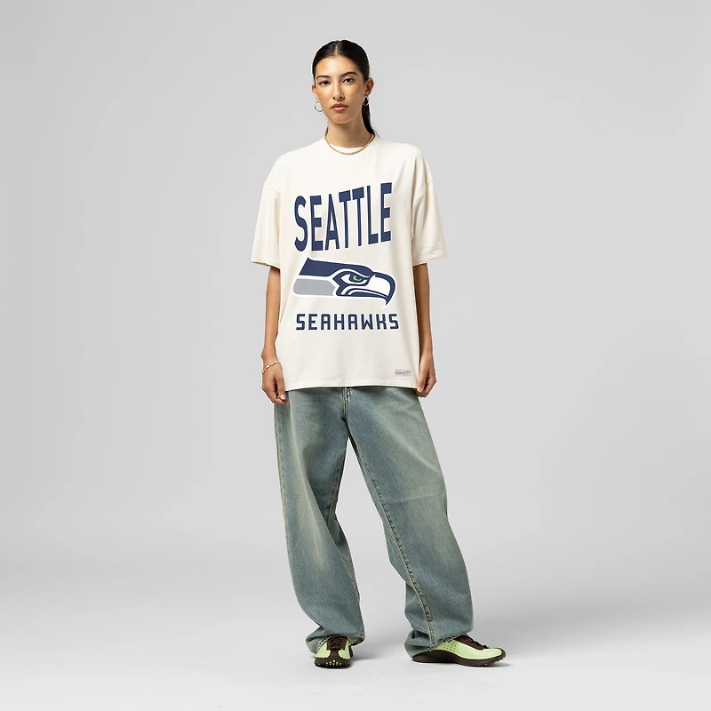 Women's Mitchell & Ness  Cream Seattle Seahawks Logo Rise Boyfriend T-Shirt