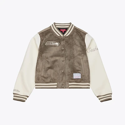Veste universitaire Mitchell & Ness beige Seattle Seahawks pour femme, à boutons-pression.