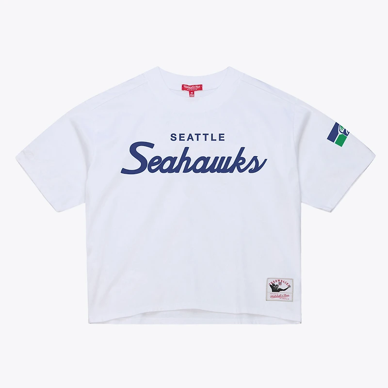 T-shirt court blanc Mitchell & Ness pour femme, motif entraîneur-chef des Seattle Seahawks