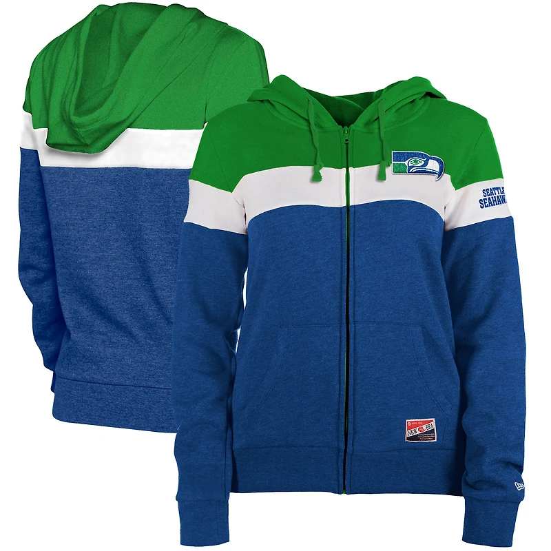 Women's New Era College Navy/Neon Green Seattle Seahawks Throwback Colorblock Full-Zip Hoodie